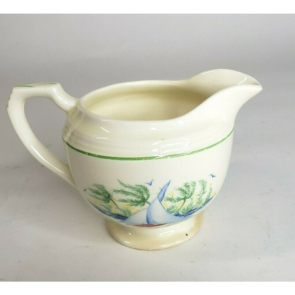 Vtg Steubenville "Sandra" Creamer USA Sailboat Palm Trees Art Deco Coastal Beach - Picture 2 of 6